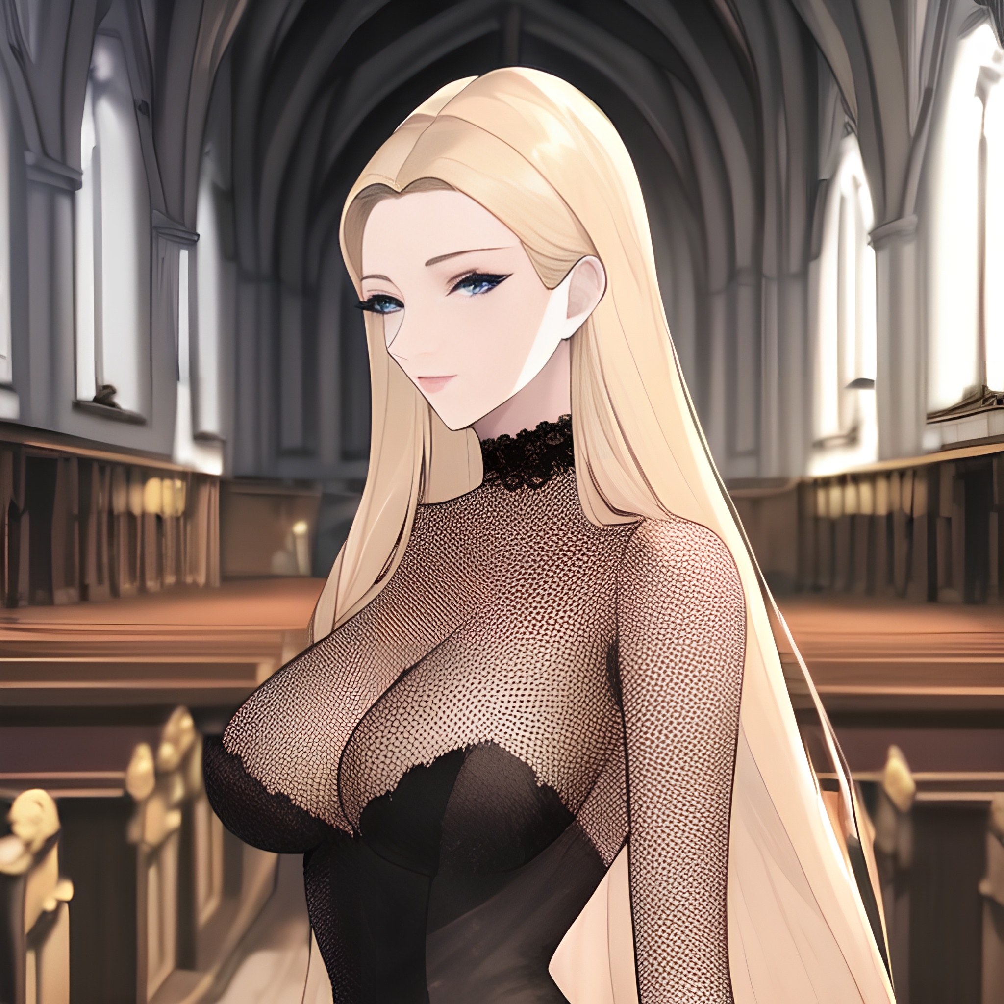 woman nude small boobs fishnet front view blonde long hair church 