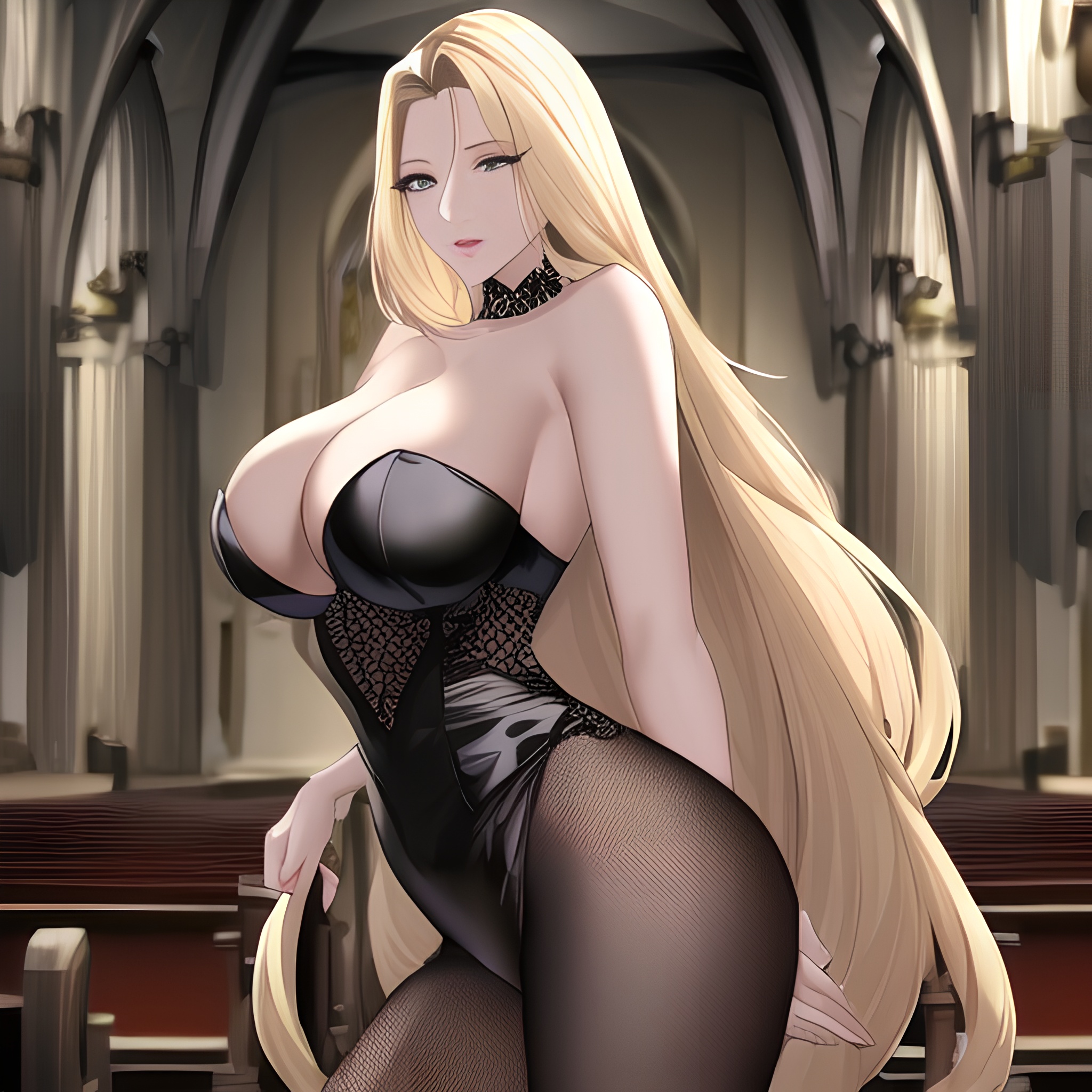 woman small boobs blonde fishnet front view long hair church nude 