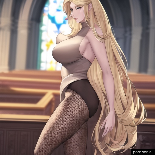 woman small boobs blonde front view long hair nude church fishnet 