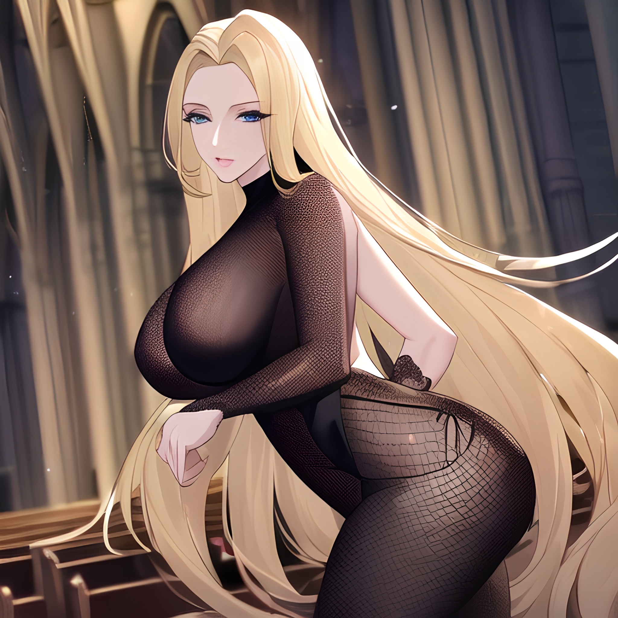 woman small boobs blonde nude front view church long hair fishnet