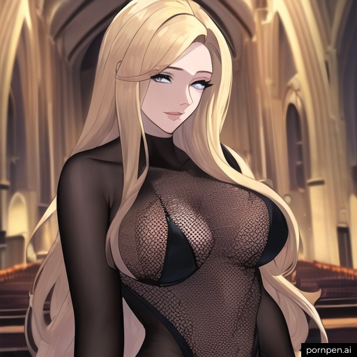 woman small boobs church fishnet front view blonde long hair nude 