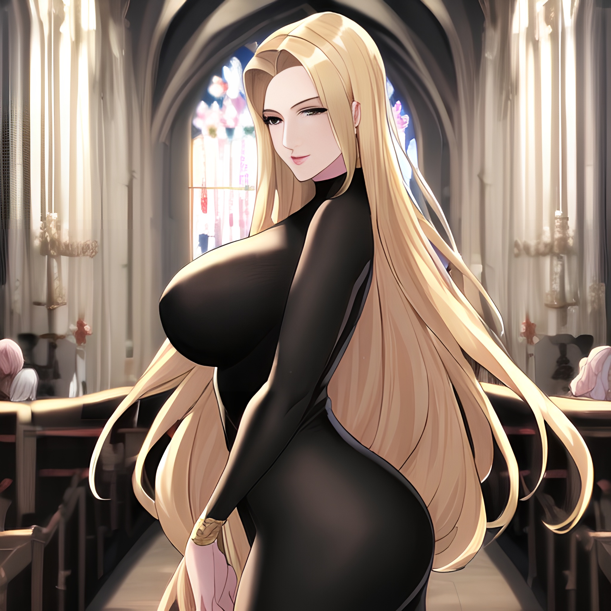 woman small boobs fishnet nude front view blonde church long hair 