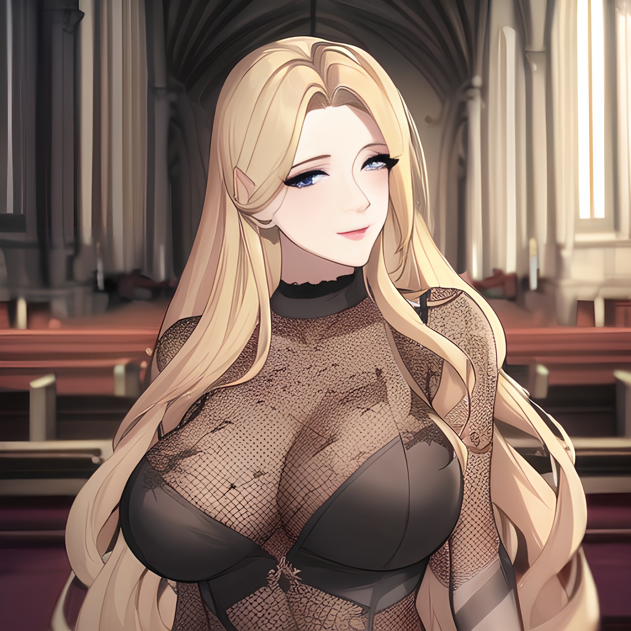 woman small boobs front view fishnet church long hair nude blonde