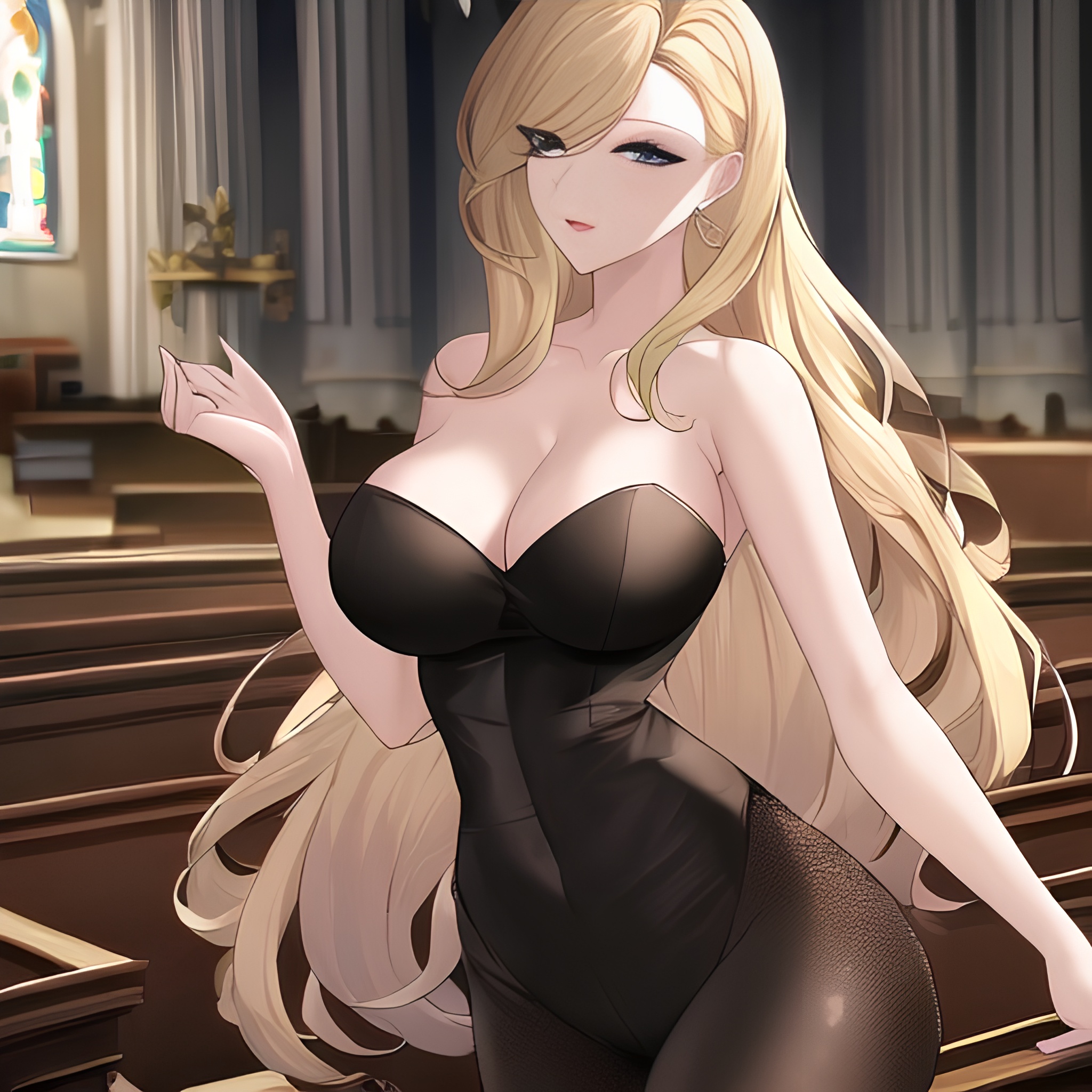 woman small boobs nude church blonde fishnet long hair front view 