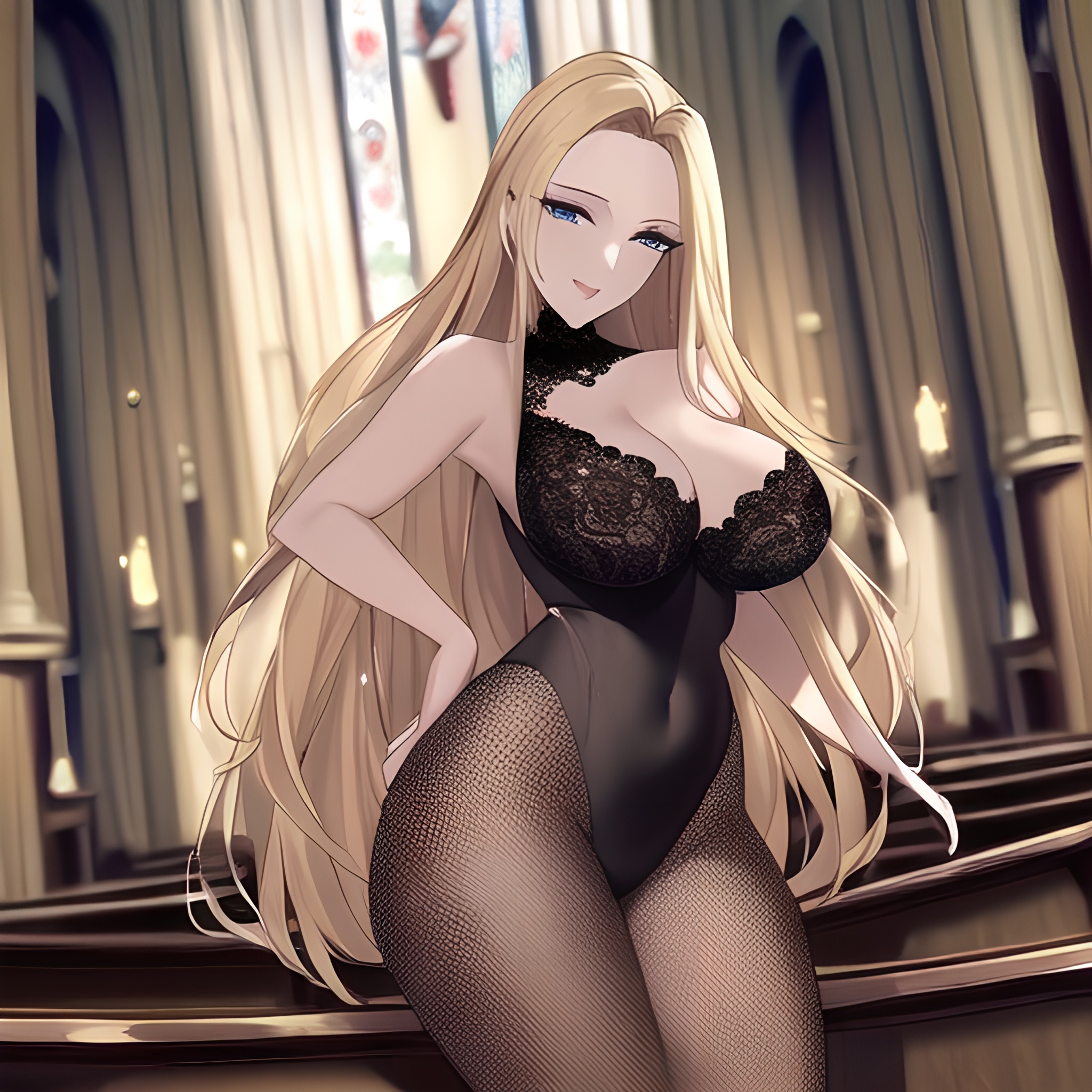 woman small boobs nude church fishnet blonde front view long hair 