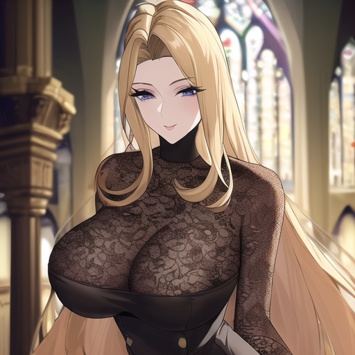 woman small boobs nude church fishnet blonde long hair front view 