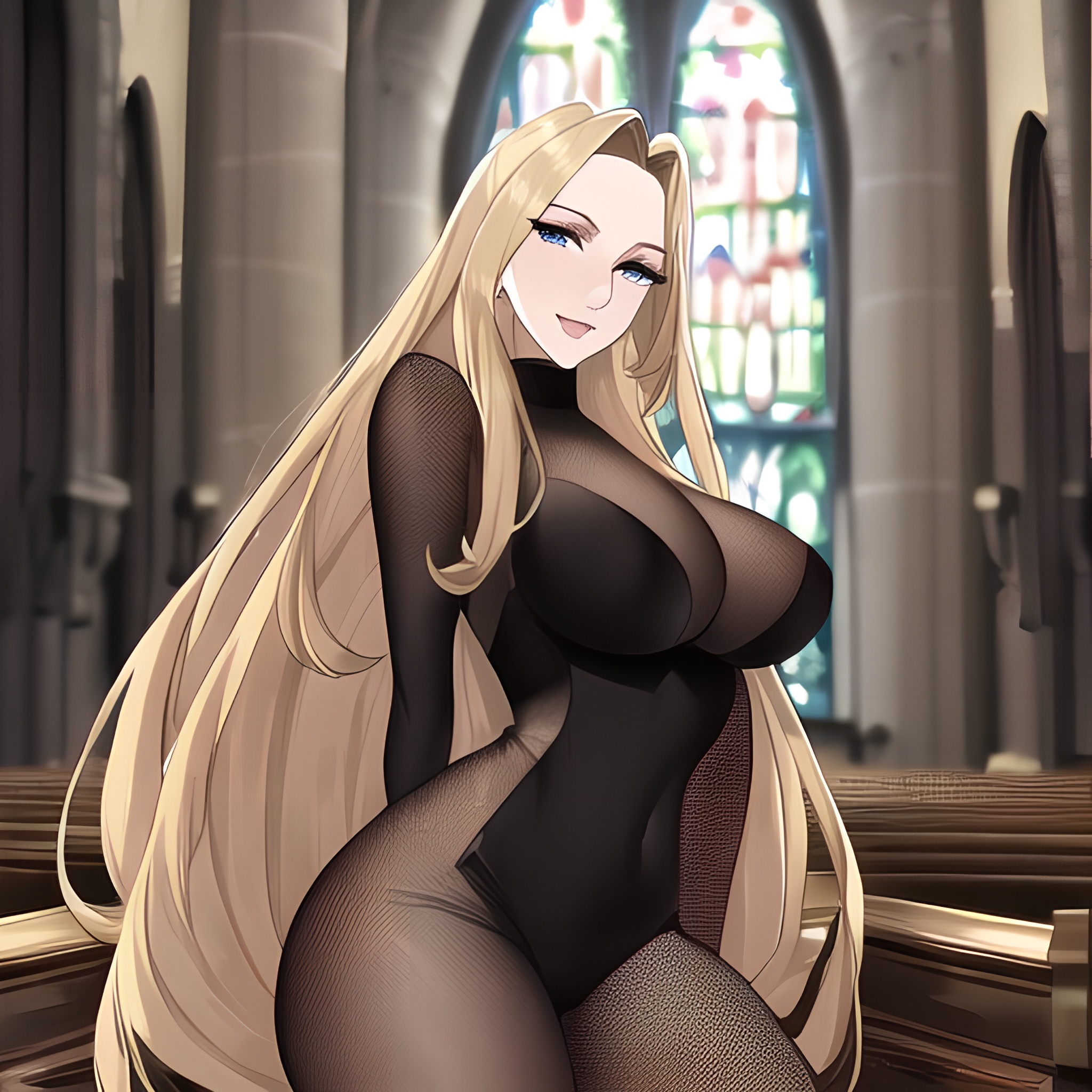 woman small boobs nude fishnet church blonde front view long hair