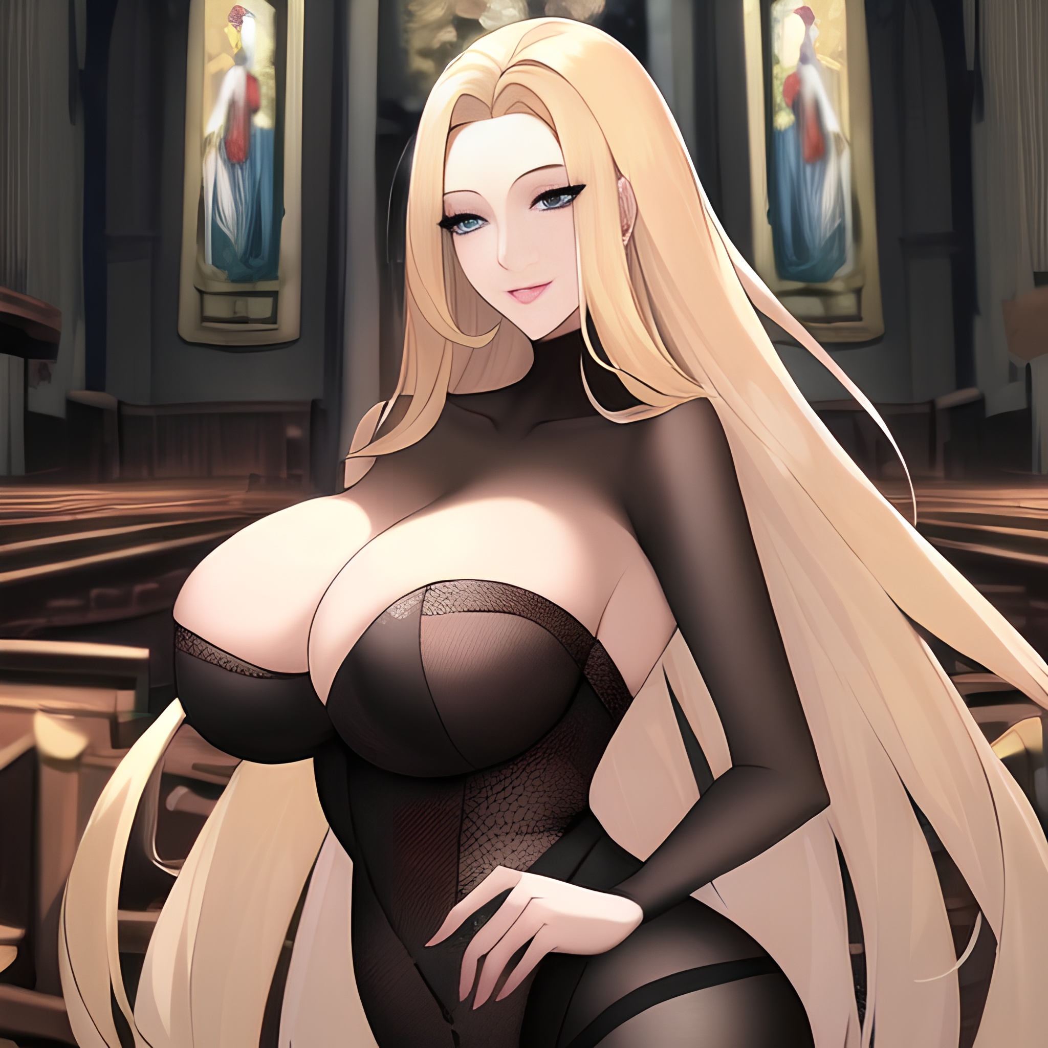 woman small boobs nude fishnet long hair church front view blonde