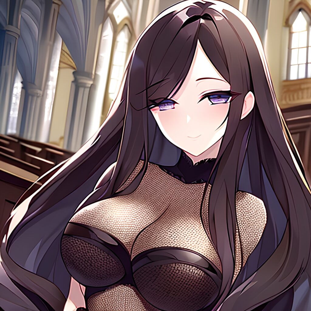 brunette church fishnet long hair messy hair woman