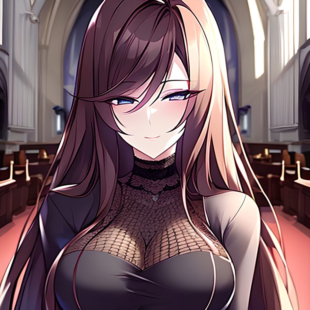 brunette church fishnet long hair messy hair woman