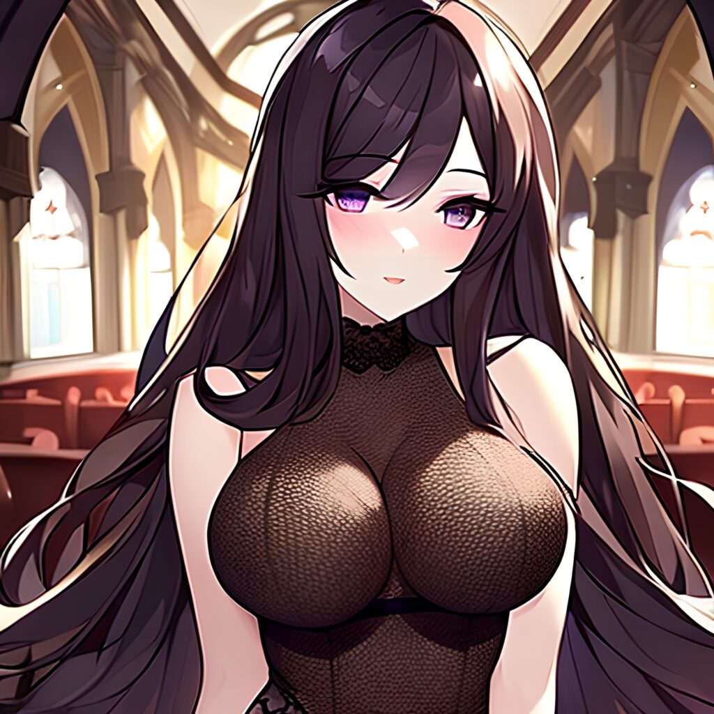 brunette church fishnet long hair messy hair woman