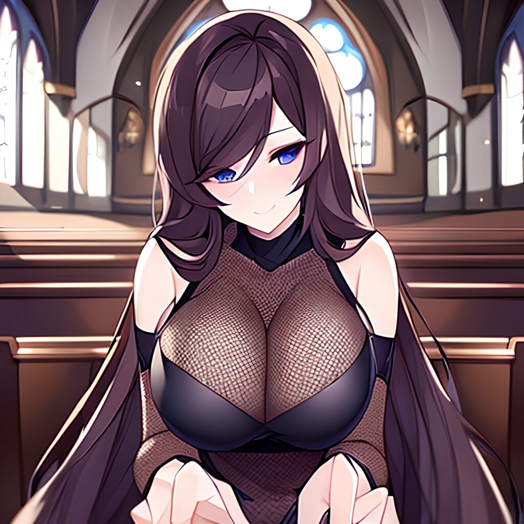 brunette church fishnet long hair messy hair woman
