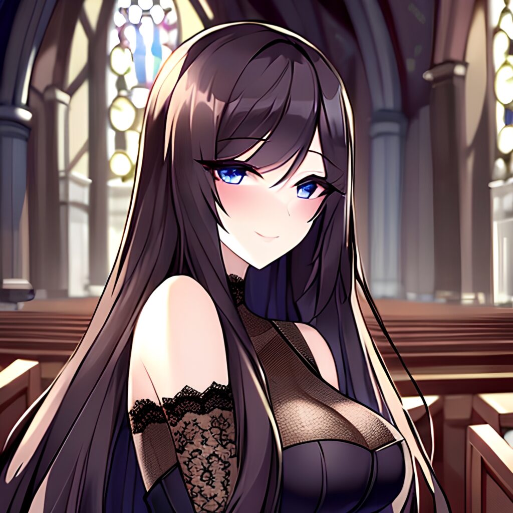 brunette church fishnet long hair woman messy hair
