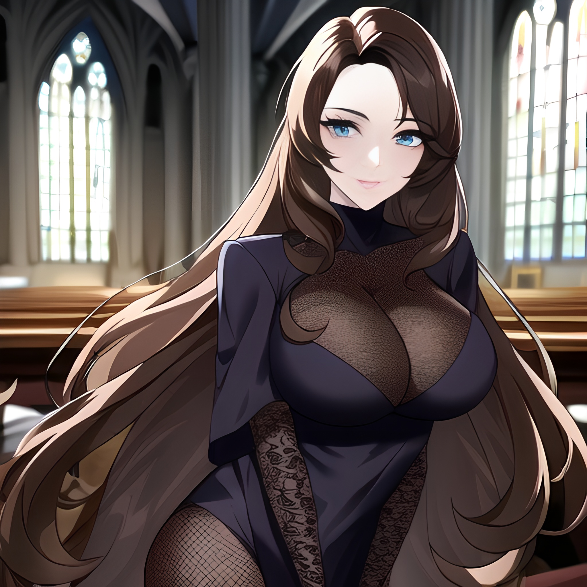 brunette church fishnet long hair woman messy hair