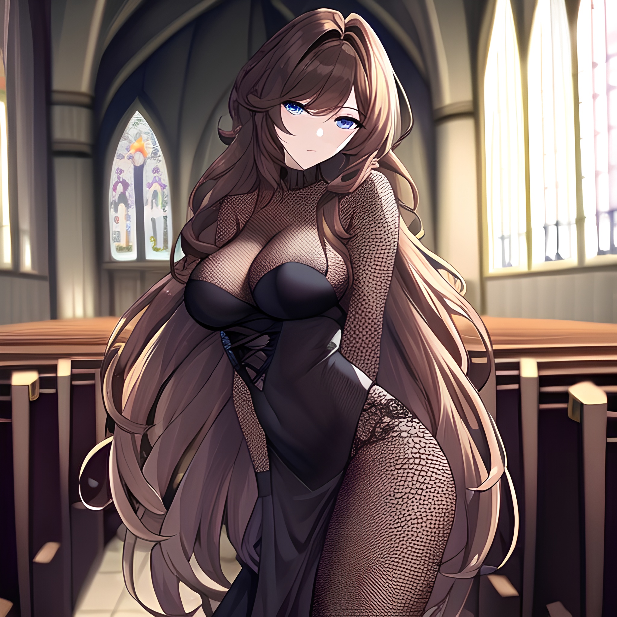 brunette church fishnet long hair woman messy hair 