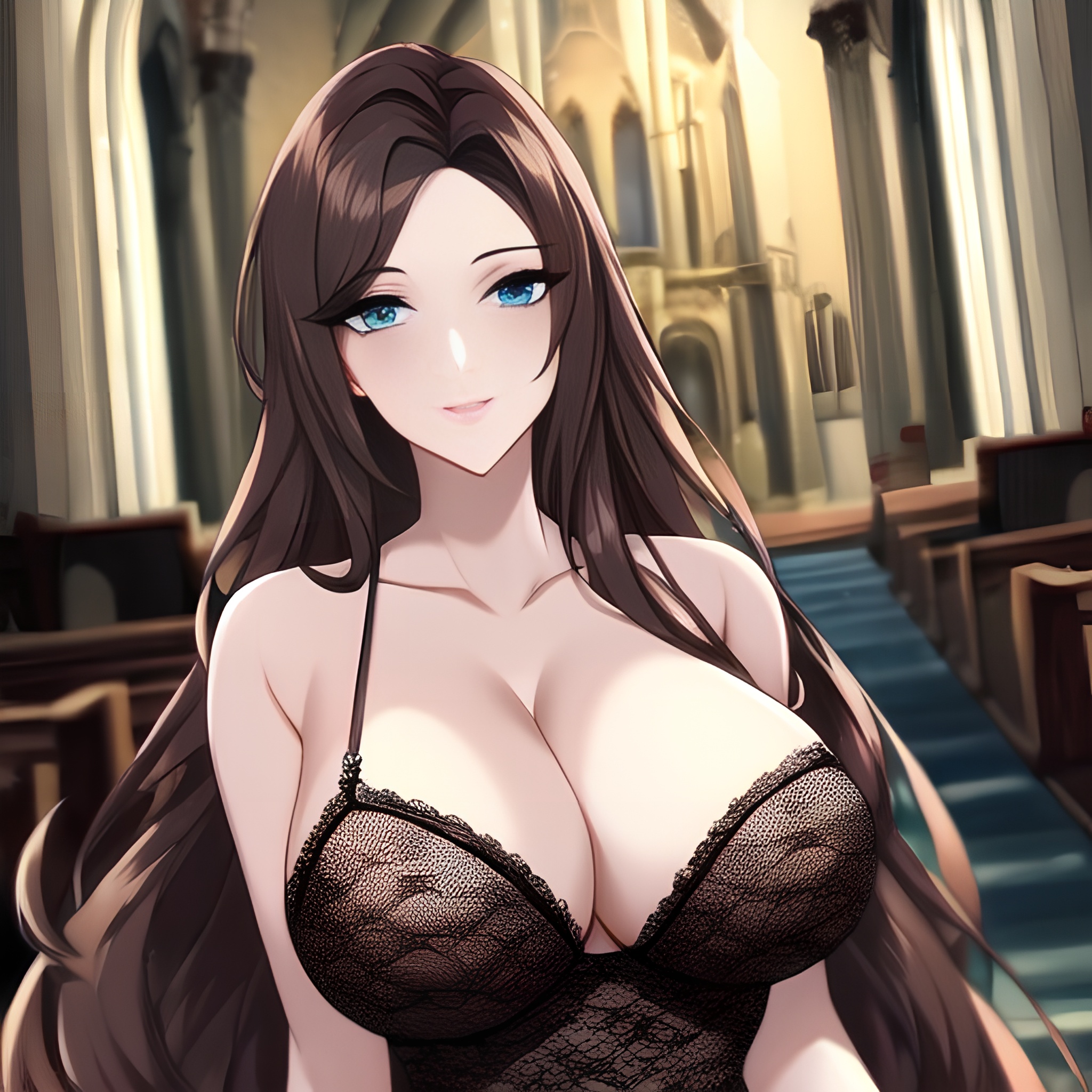 brunette church fishnet messy hair long hair woman 