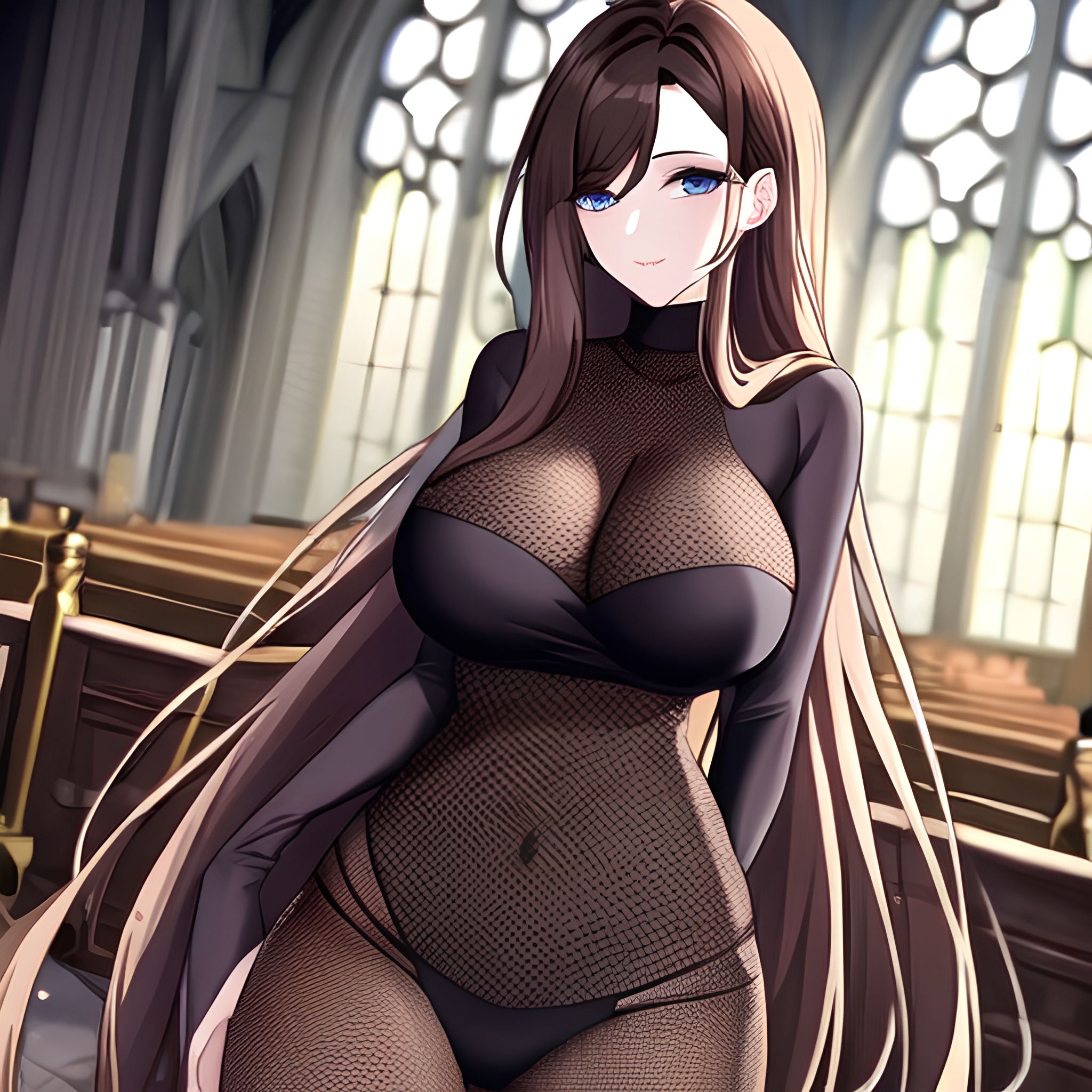 brunette church fishnet messy hair long hair woman 