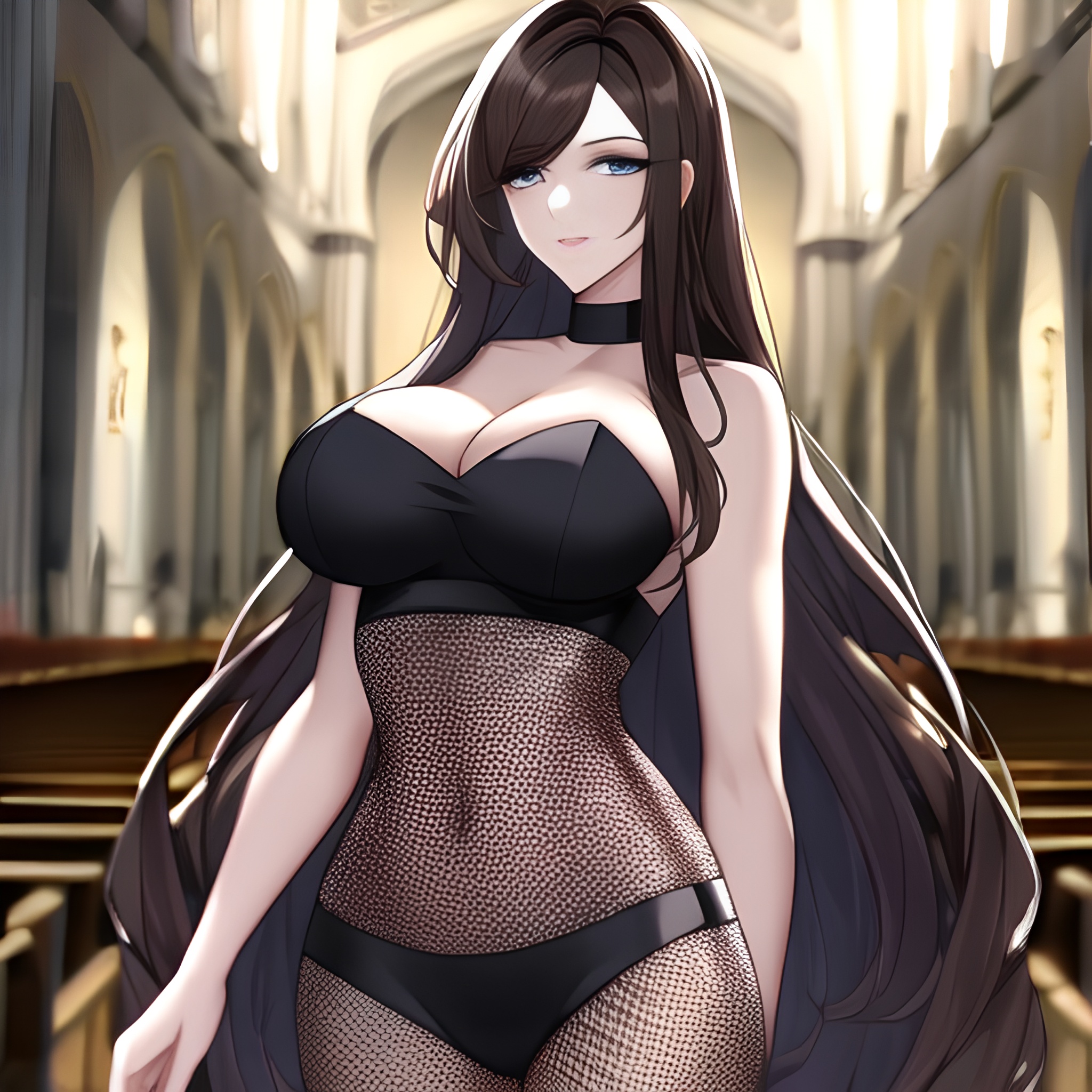 brunette church fishnet messy hair woman long hair 