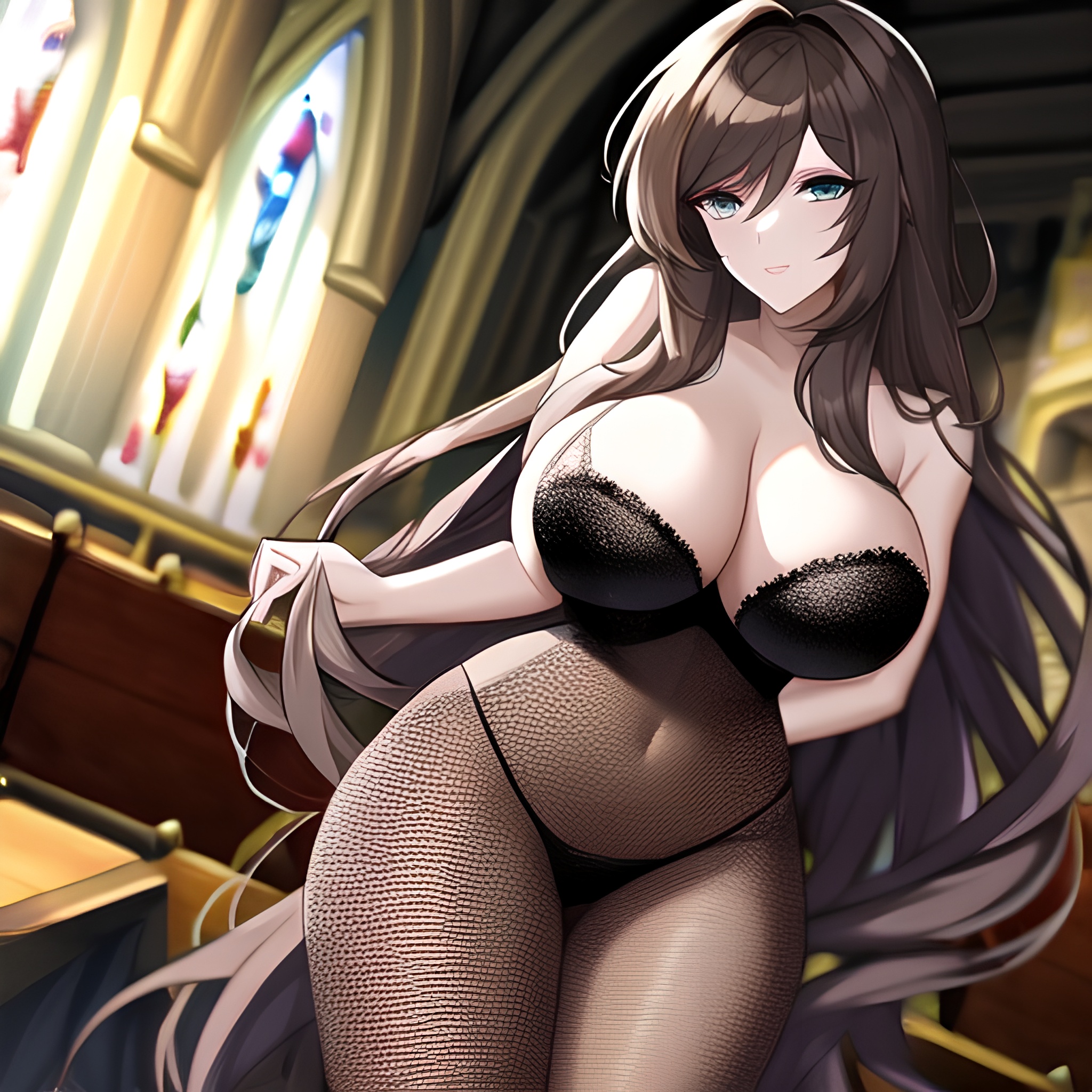 brunette church fishnet messy hair woman long hair 