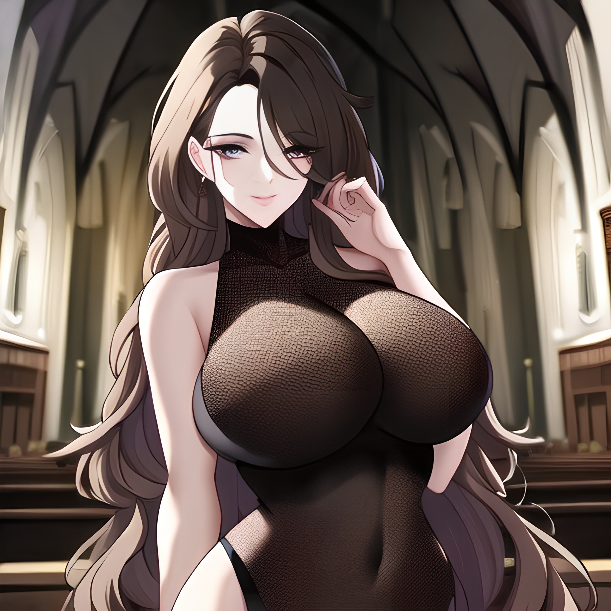 brunette church fishnet messy hair woman long hair 