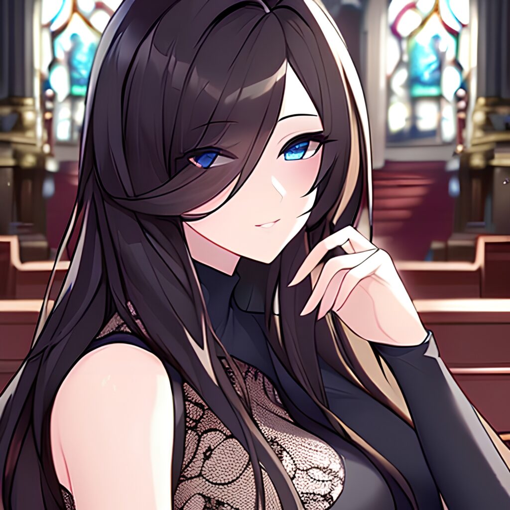 brunette church fishnet woman long hair messy hair