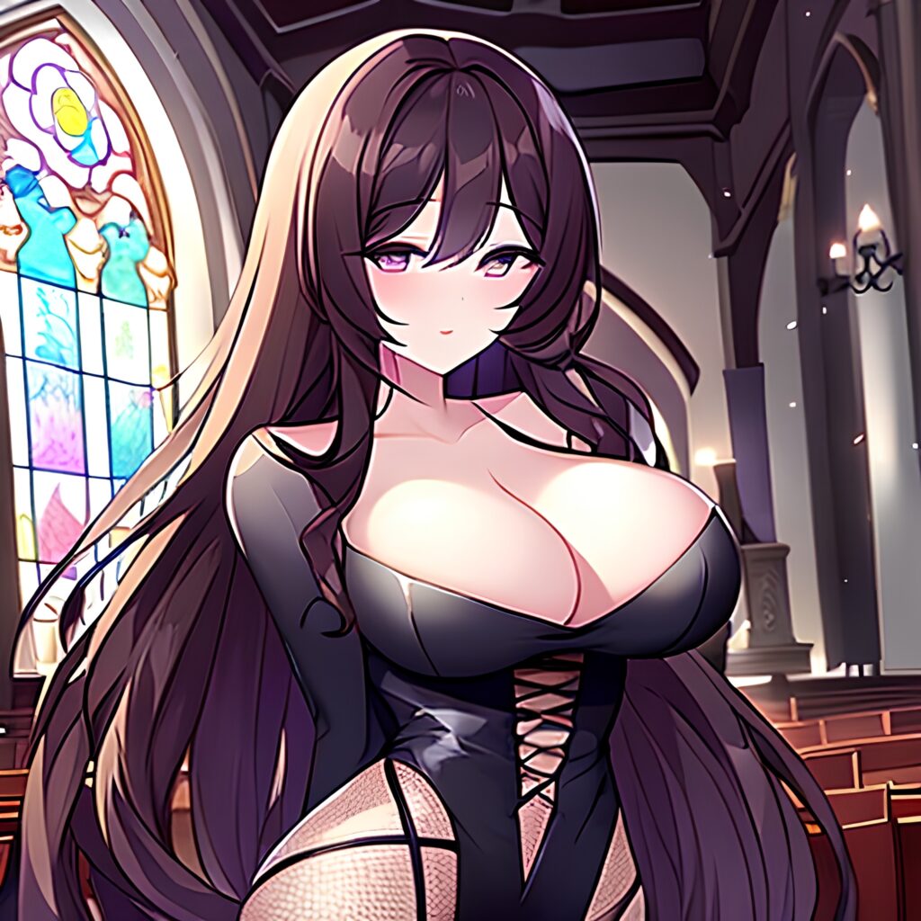 brunette church fishnet woman long hair messy hair 