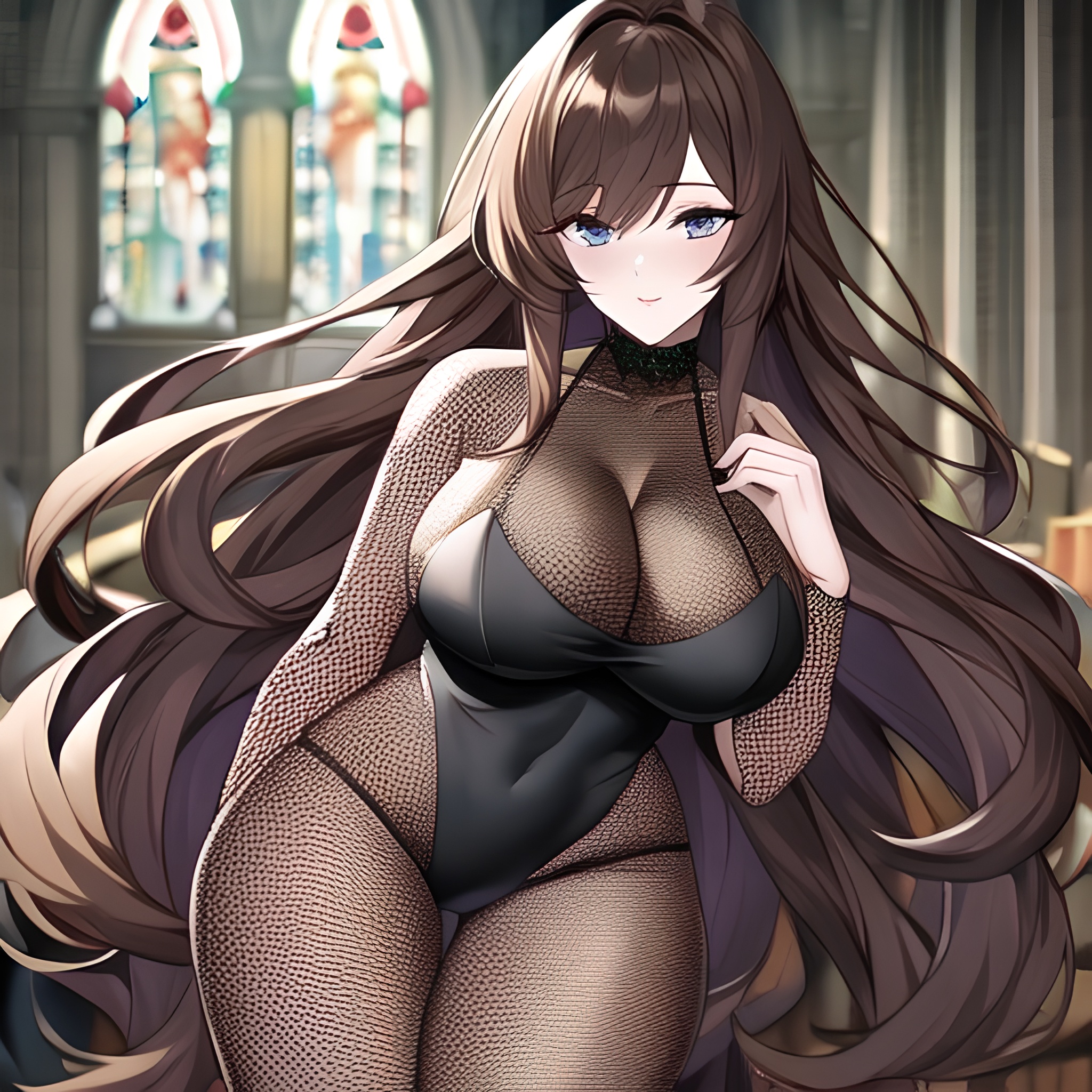 brunette church fishnet woman messy hair long hair 