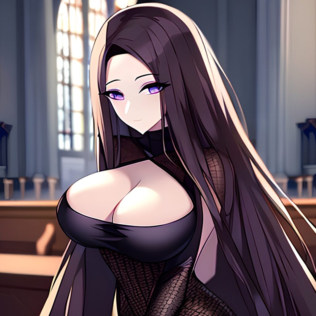 brunette church fishnet woman messy hair long hair 