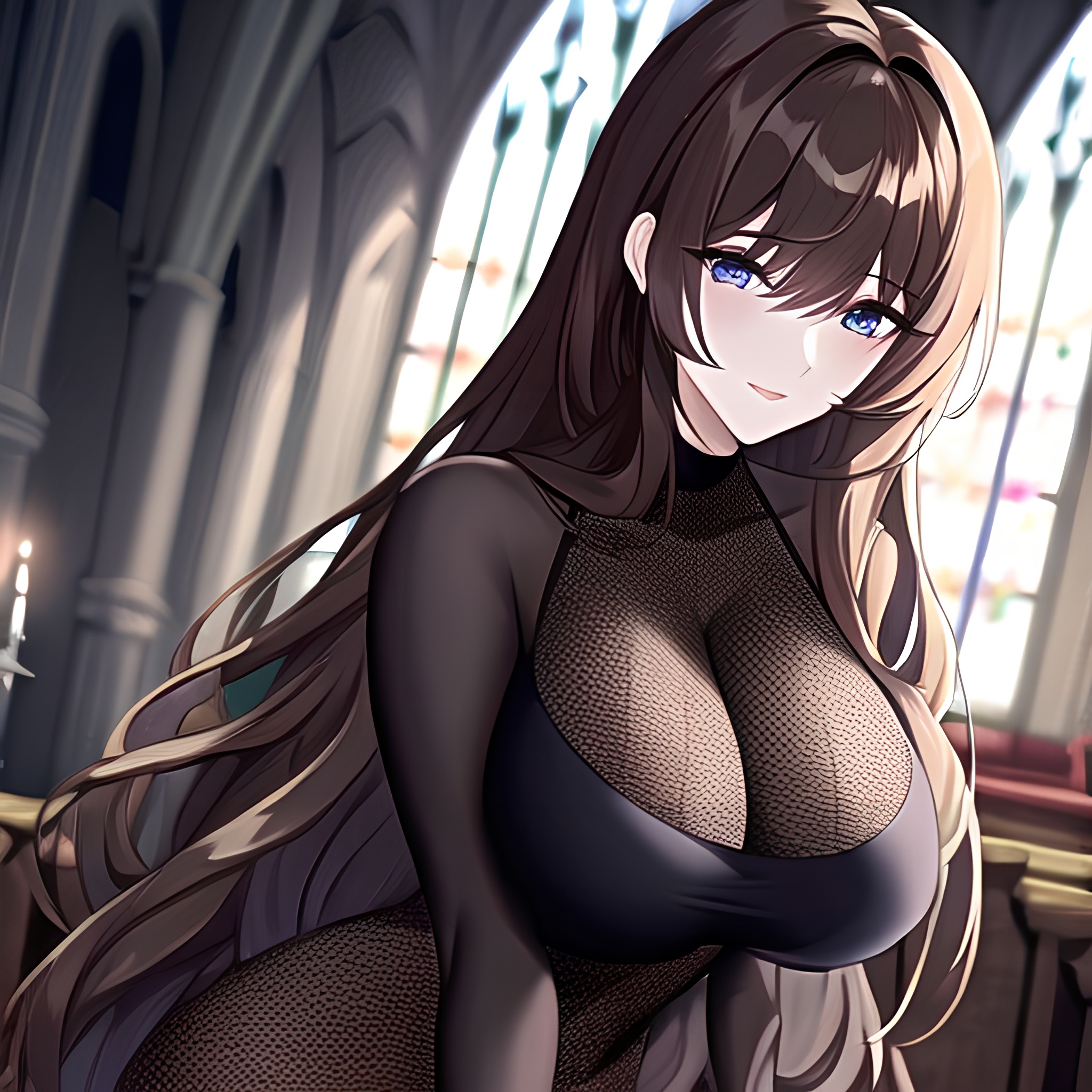 brunette church long hair fishnet messy hair woman 