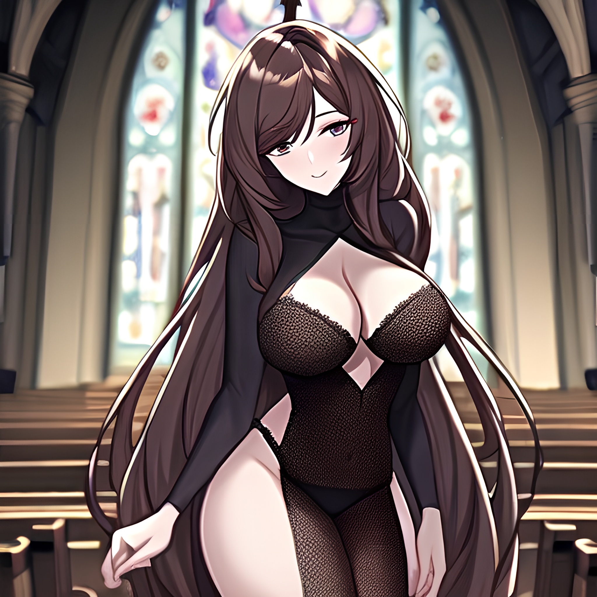 brunette church long hair fishnet woman messy hair