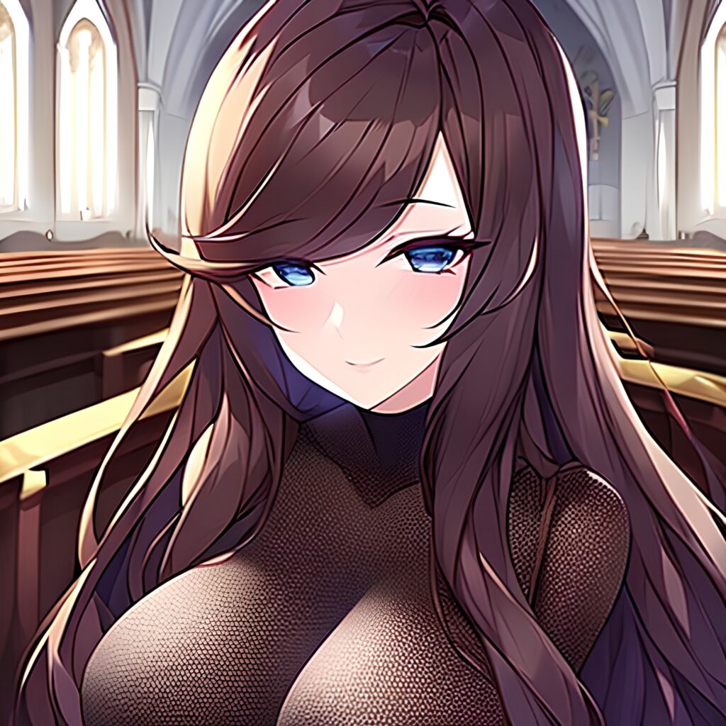 brunette church long hair messy hair fishnet woman
