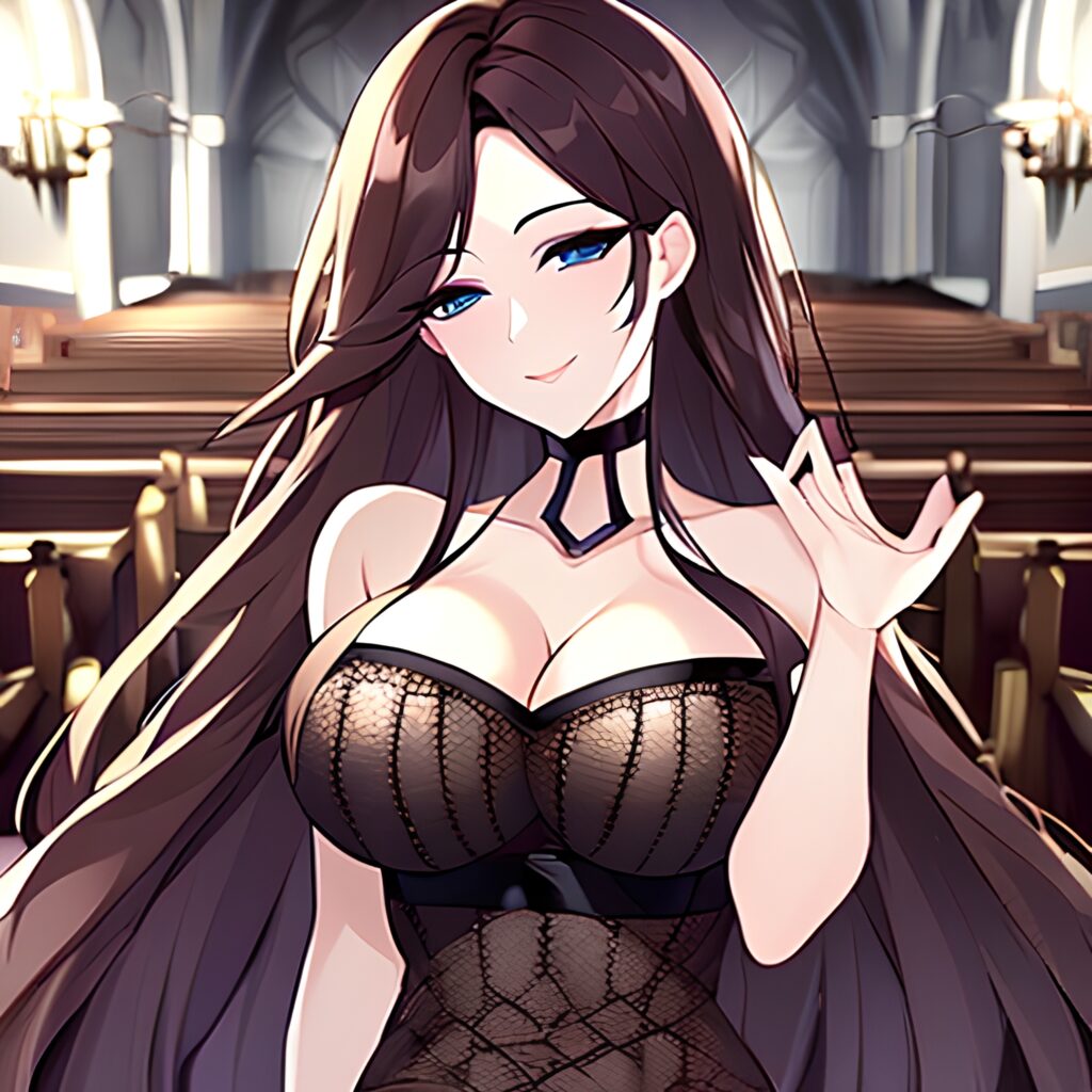 brunette church long hair messy hair fishnet woman 