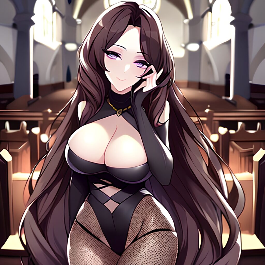 brunette church long hair messy hair fishnet woman 