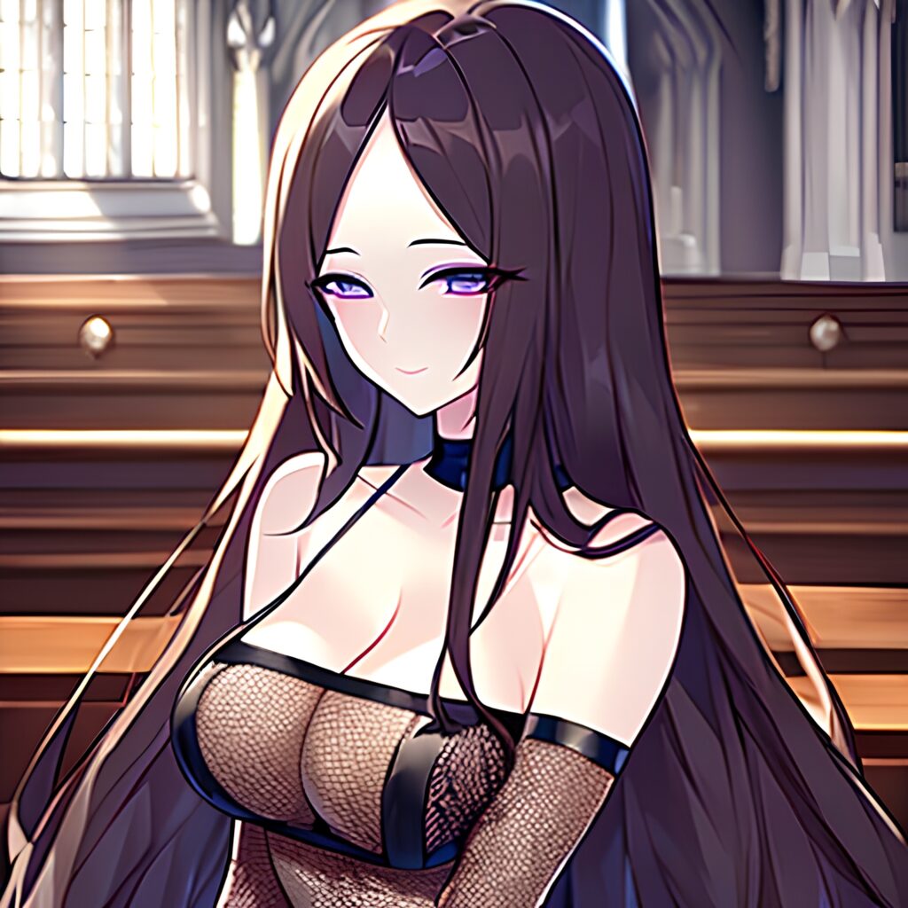 brunette church long hair messy hair fishnet woman