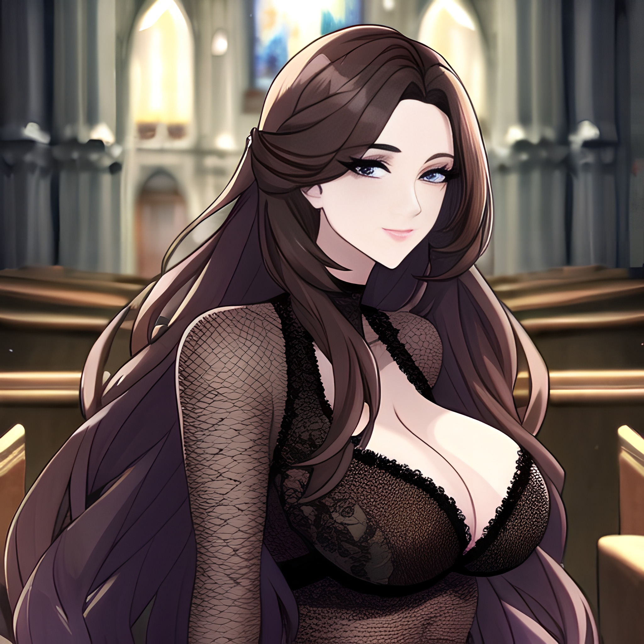 brunette church long hair messy hair fishnet woman 