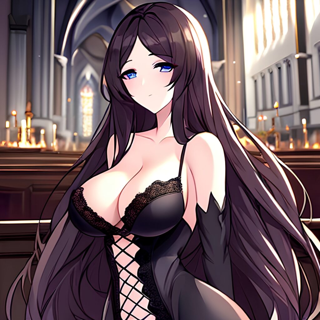 brunette church long hair messy hair fishnet woman 