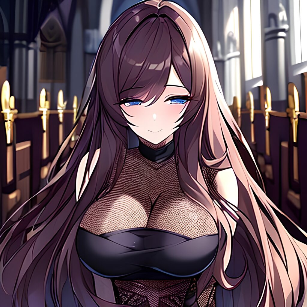 brunette church long hair messy hair fishnet woman 
