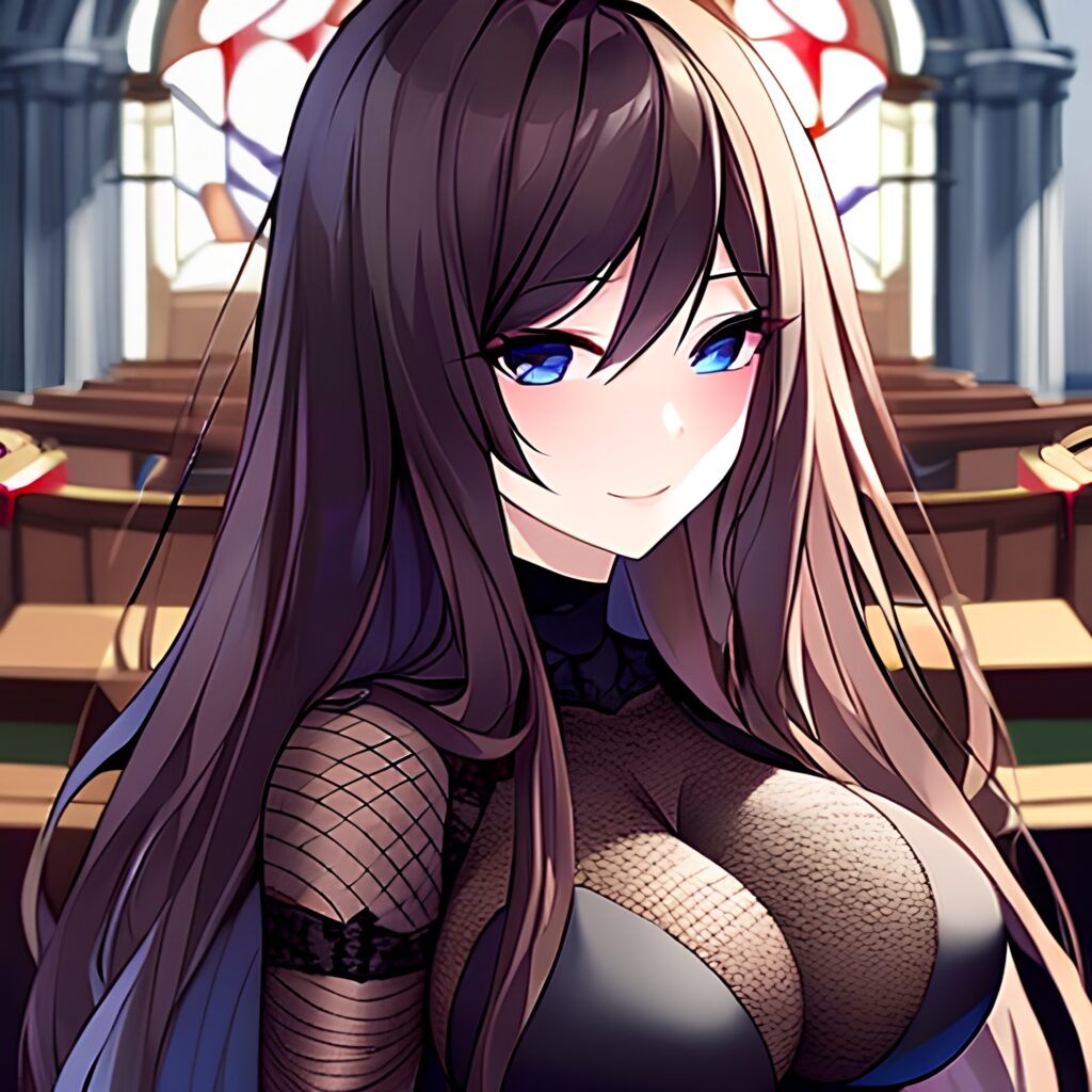 brunette church long hair messy hair fishnet woman