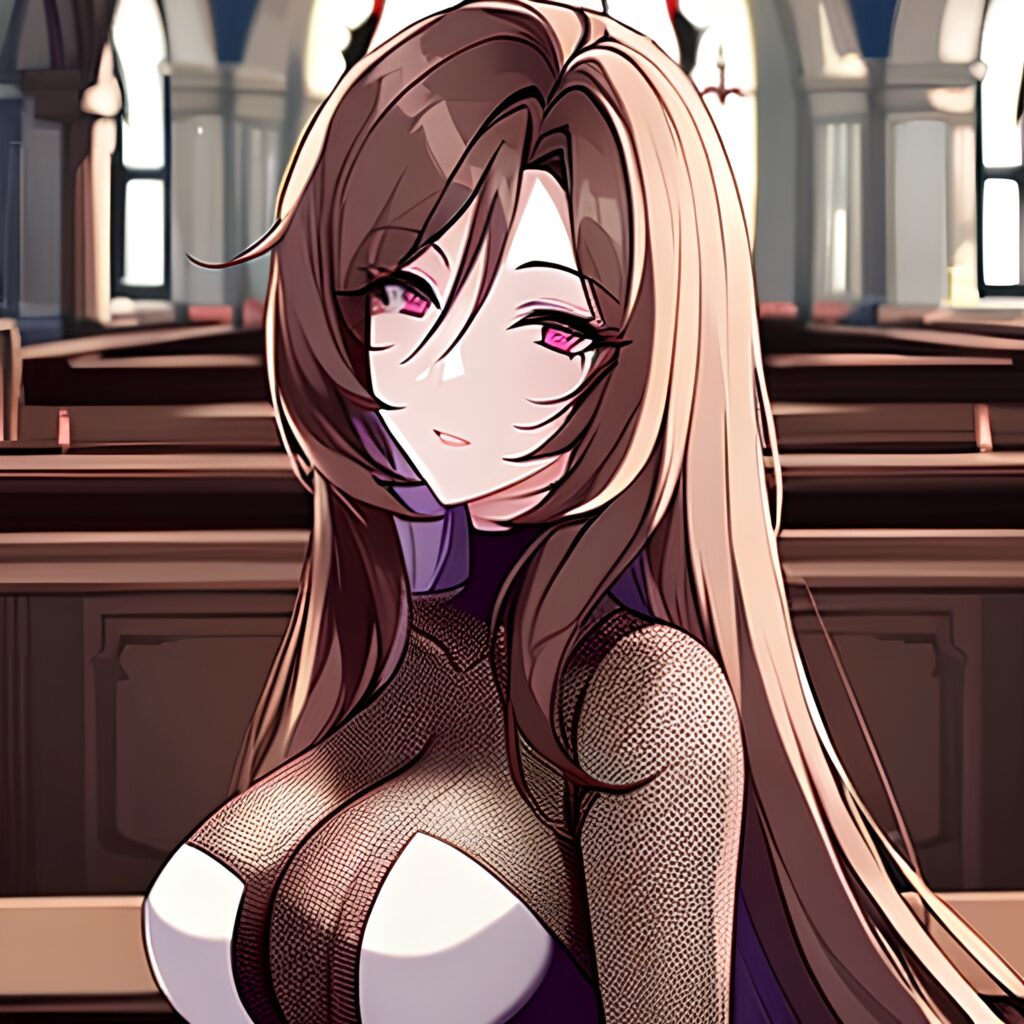 brunette church long hair messy hair fishnet woman