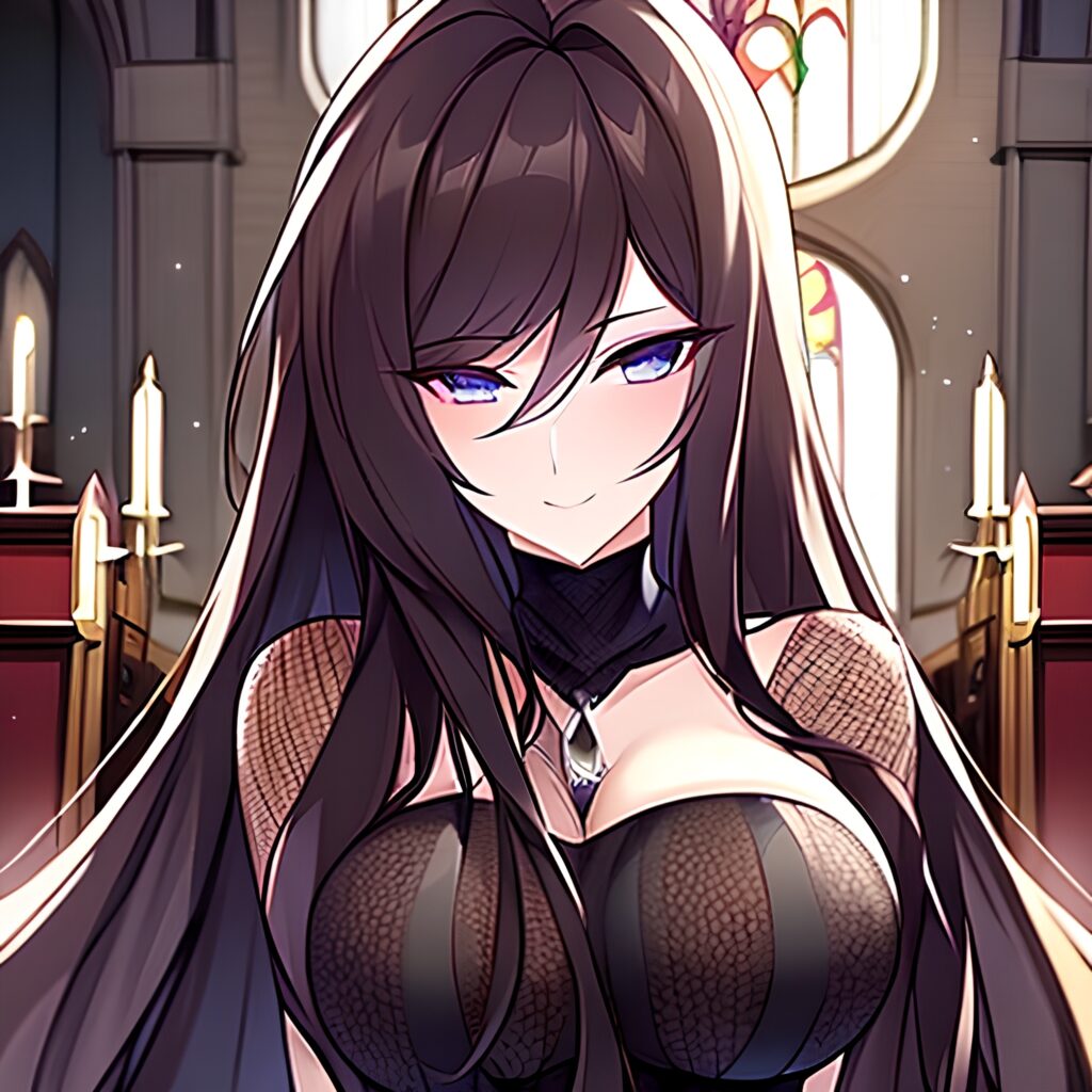 brunette church long hair messy hair woman fishnet 