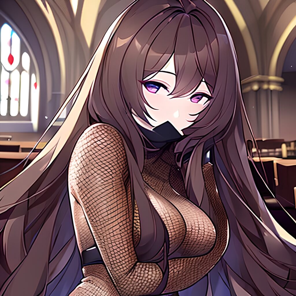 brunette church long hair messy hair woman fishnet