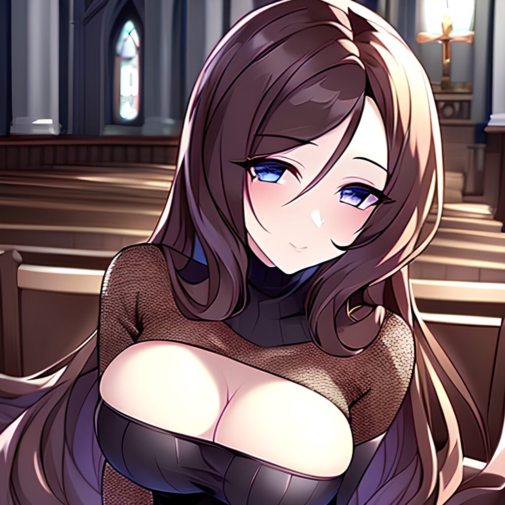 brunette church long hair messy hair woman fishnet