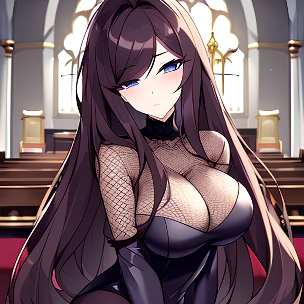 brunette church long hair woman fishnet messy hair