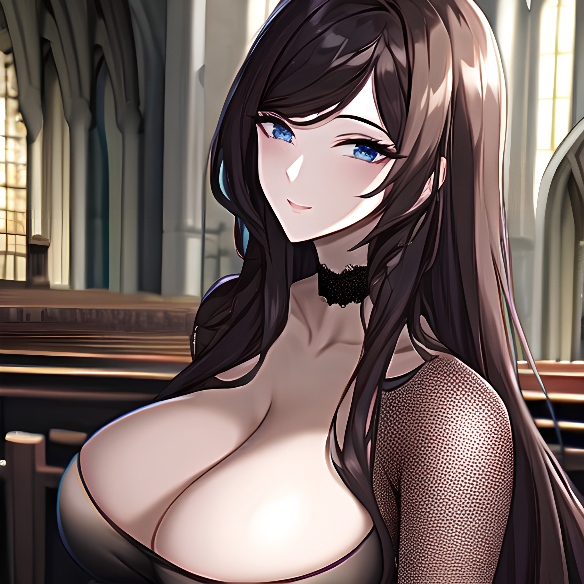 brunette church long hair woman messy hair fishnet