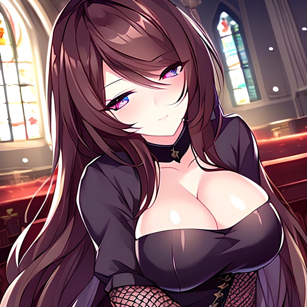 brunette church long hair woman messy hair fishnet