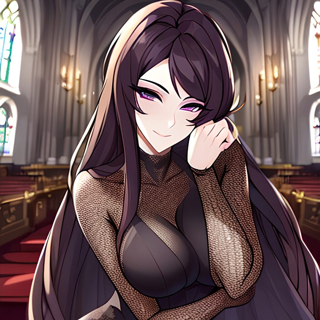 brunette church long hair woman messy hair fishnet 