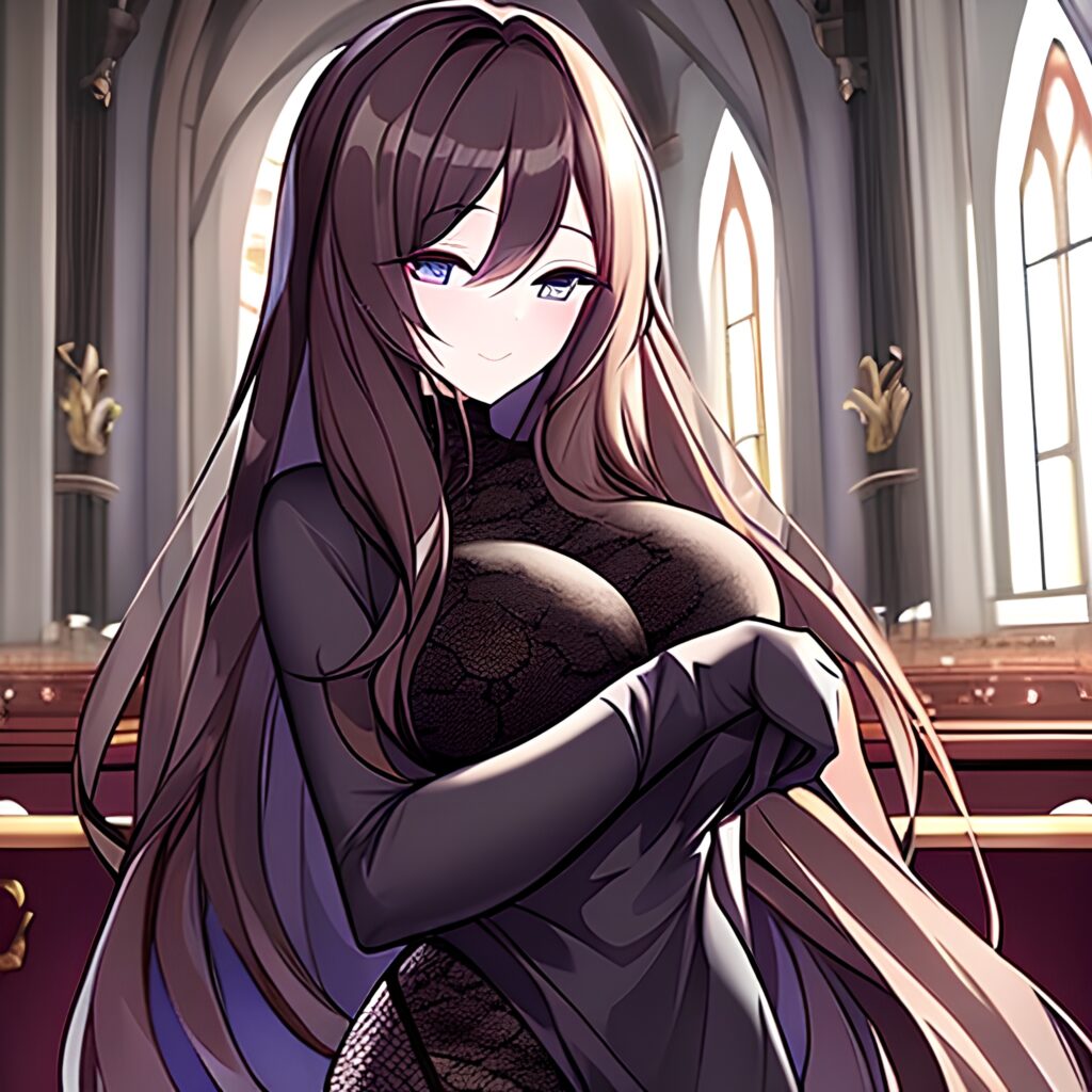 brunette church long hair woman messy hair fishnet 