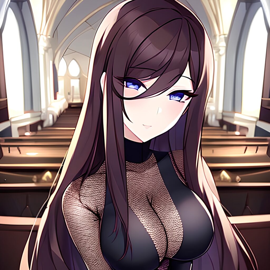 brunette church messy hair fishnet long hair woman