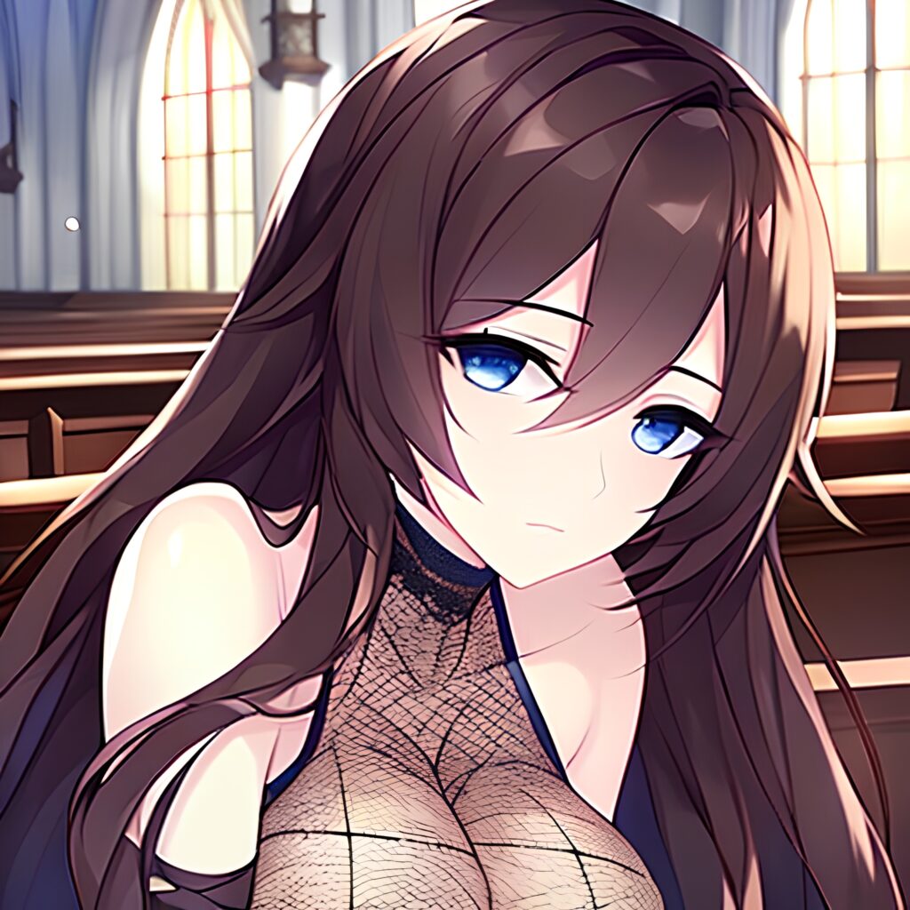 brunette church messy hair fishnet long hair woman