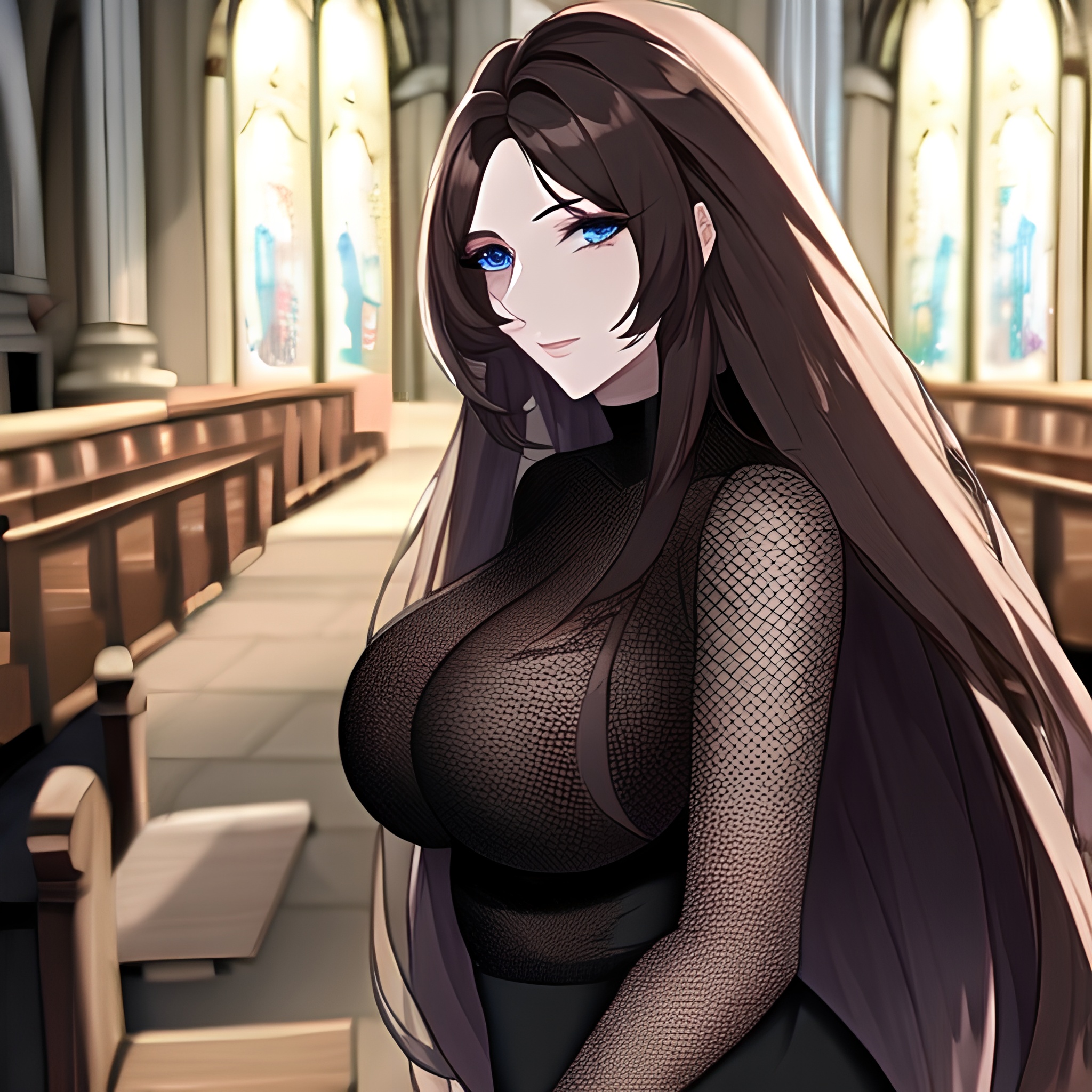 brunette church messy hair fishnet woman long hair 